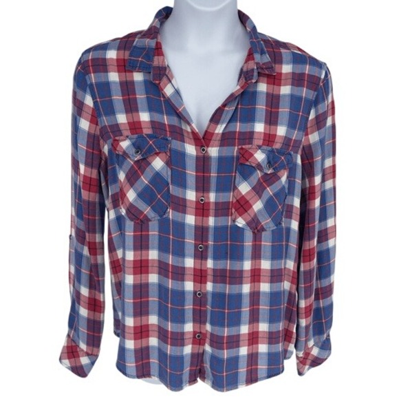 Billy T Plaid Button up Shirt Lace-Up Back Red Blue Checkered Women's XL Western - Picture 1 of 9